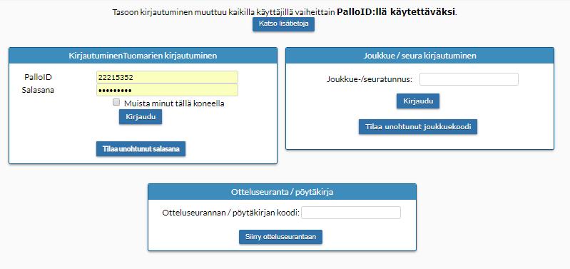 Taso Pöytäkirjat: Ottelukohtaisen koodin käyttö ( vieraskoneella kirjautuminen)