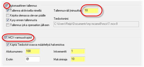 AUTOMAATTISEN TALLENNUKSEN JA VARMUUSKOPIOINNIN ASETTAMINEN 21 3 Tee Automaattinen tallennus / varmuuskopio -sivulla näin: Aktivoi automaattinen tallennus merkitsemällä Automaattinen tallennus