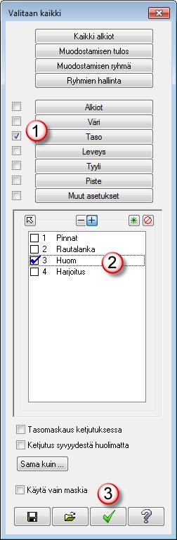 86 MASTERCAM X8/ Tasojen käyttö 3 Mastercam pyytää valitsemaan alkiot. Toimi seuraavasti valitaksesi kaikki tason 3 mitoitusalkiot. a Napsauta yleisvalintapalkin Kaikki-painiketta.