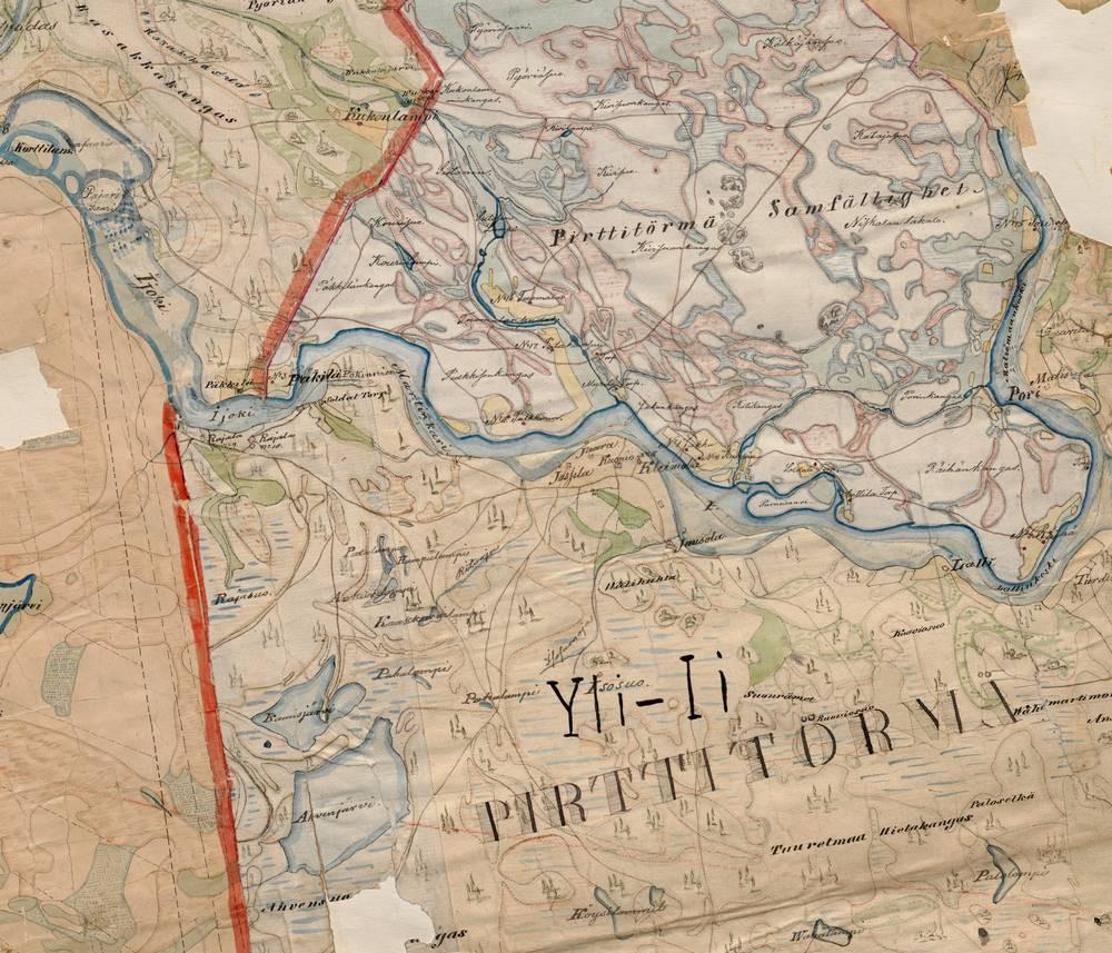 13 Kartta 6. Ote vuoden 1849 pitäjänkartasta. Jokiuoma on suunnilleen jo samassa tilassa kuin nykyäänkin.