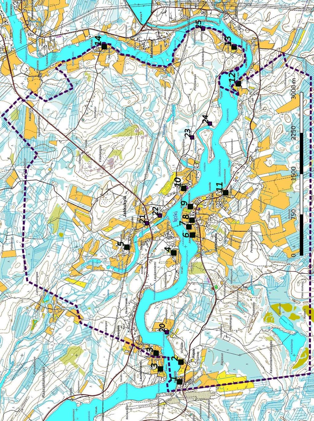 39 Kartta8. Yleiskartta, 1800-luvun kartalle merkityt talot ja torpat. Talot 1-14, torpat 20-25.