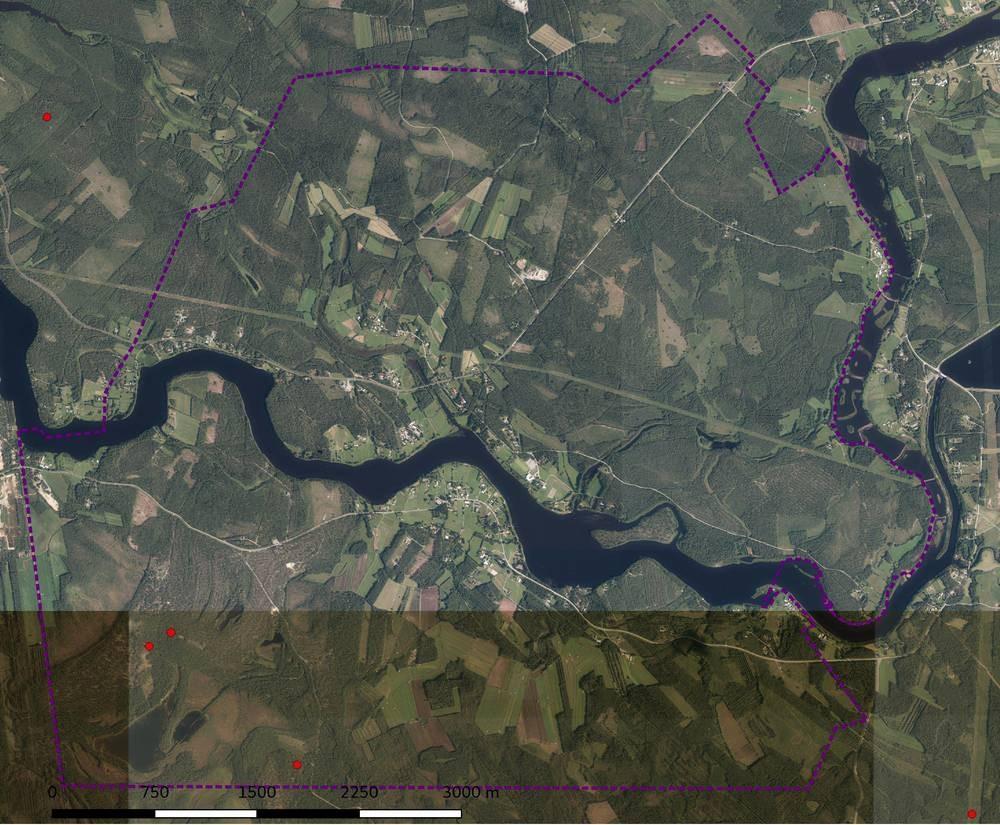 5 Kartta 3, ortokuva. Osayleiskaava-alue on rajattu violetilla katkoviivalla. Mj-rekisteriin merkityt kohteet punaisena pisteenä. Maanmittauslaitoksen ortokuvat 10/2018. >wms-server http://tiles.