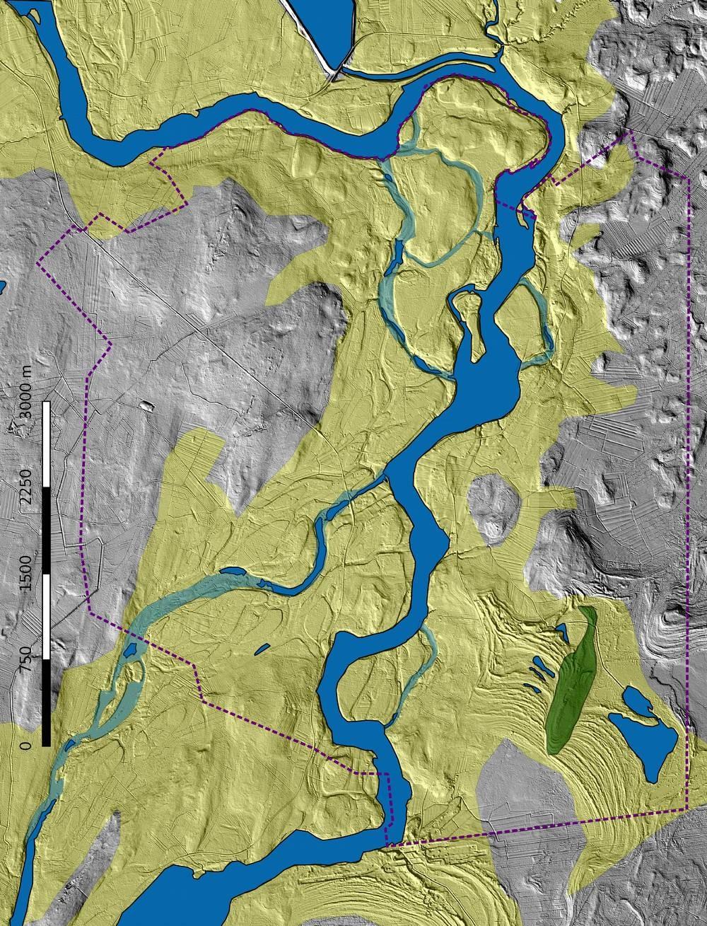 6 Kartta 4. Lidar-aineistoon perustuva korkokuva 2 m DEM. Osayleiskaava-alue on rajattu violetilla katkoviivalla.