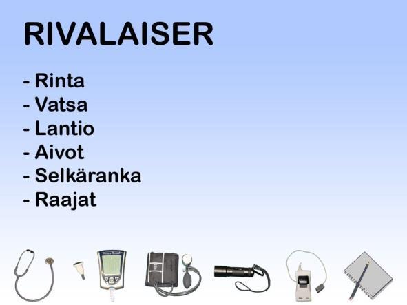 Kertojan ääni: Potilaan vammojen tutkimiseen käytetään RIVALAISER-muistisääntöä.