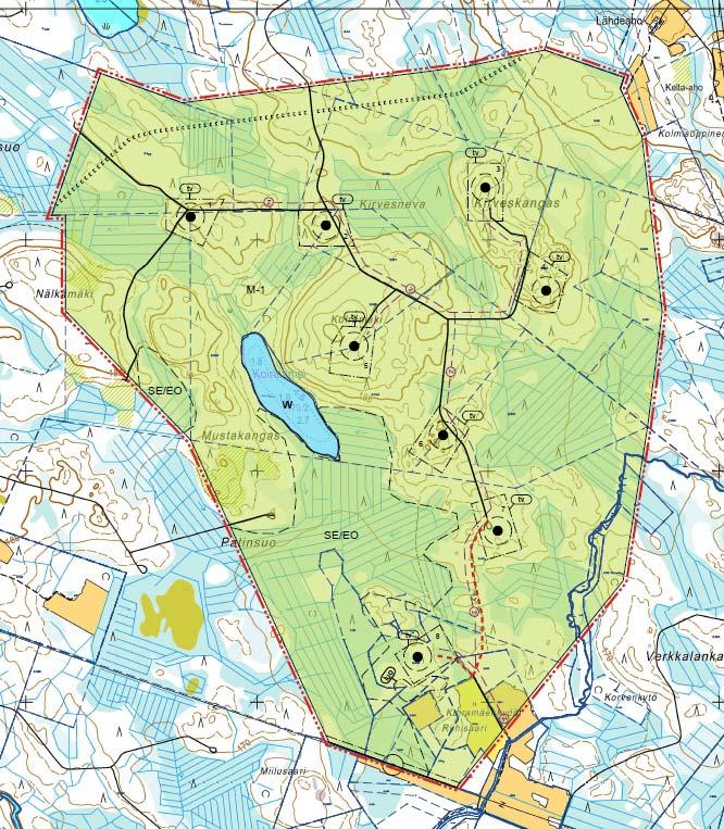 Tuulivoimapuistoon suunnitellaan enintään 8 tuulivoimalaitoksen rakentamista niin, että puiston yhteenlaskettu teho tulisi olemaan enintään 26,4 MW. Kuva 3.