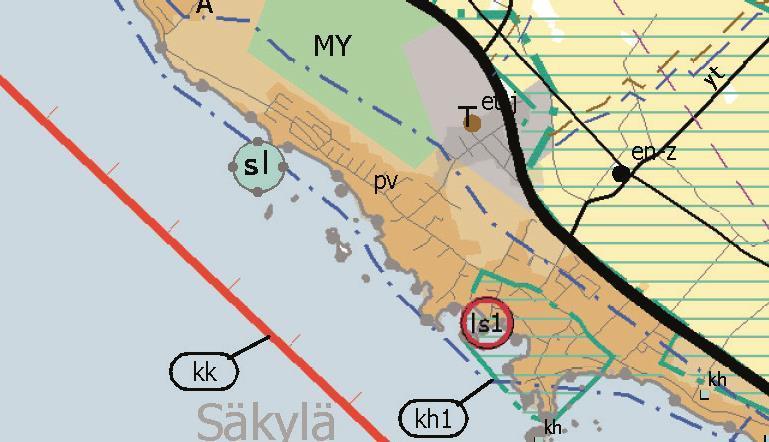 SÄKYLÄN KUNTA OAS Sivu 3 / 8 Suunnittelualue on taajamatoimintojen aluetta (A), kaupunkikehittämisen kohdevyöhykettä (kk) sekä pohjavesialue (pv). Kuva: Ote Satakunnan maakuntakaavasta.