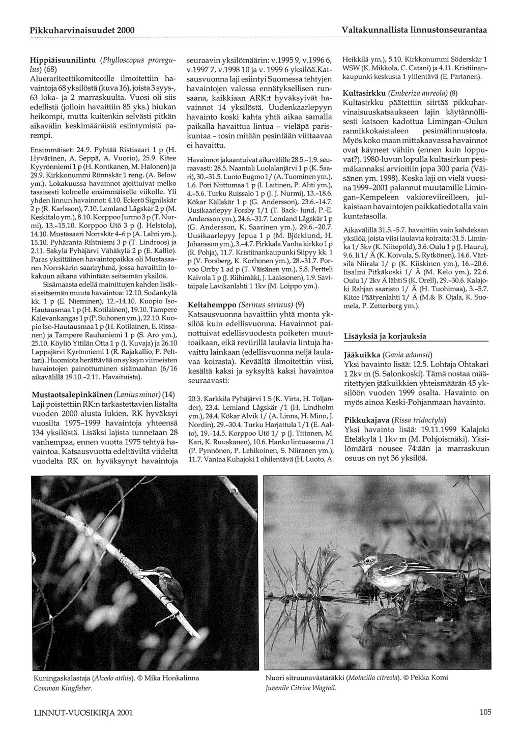 Hippiäisuunilintu (Phylloscopus proregulus) (68) Aluerariteettikomiteoille ilmoitettiin havaintoja 68 yksilöstä (kuva 16), joista 3 syys-, 63 loka- ja 2 marraskuulta.