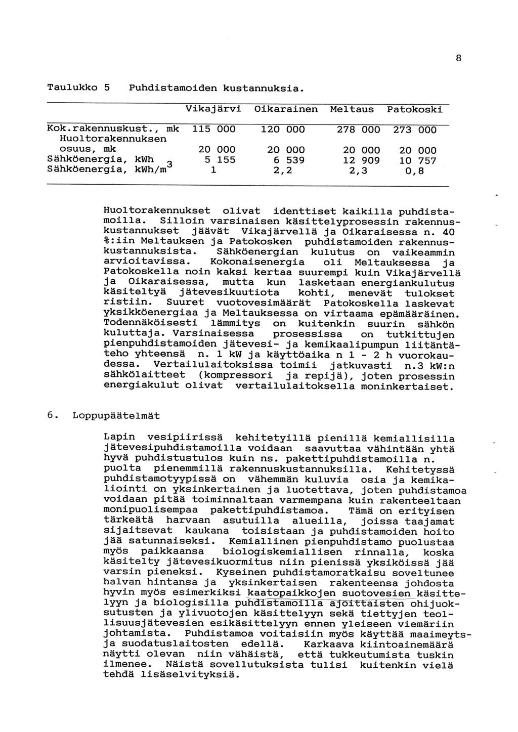 8 Taulukko 5 Puhdistamoiden kustannuksia. Vikajärvi Oikarainen us Patokoski Kok.rakennuskust.