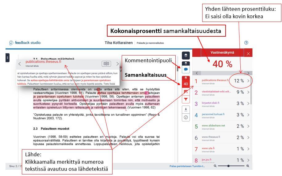 12 5.1 Samankaltaisuus (Similarity) Alla on esimerkki saadusta Feedback Studio -raportista, jossa ylälaidassa näkyy samankaltaisuusprosentti.