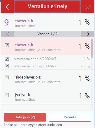 Seuraavaksi avautuu vastinelista ja yksittäisiä lähteitä voidaan valita suodatettavaksi (kuva alla).