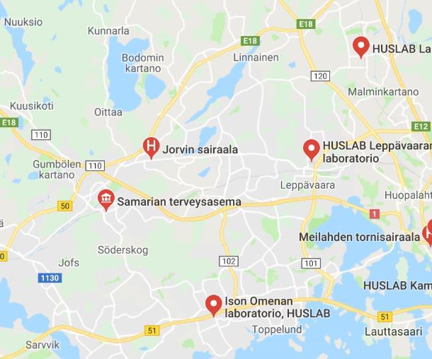 Laboratorio- ja röntgenpalvelujen sijainti Espoossa Lisäksi espoolaiset voivat