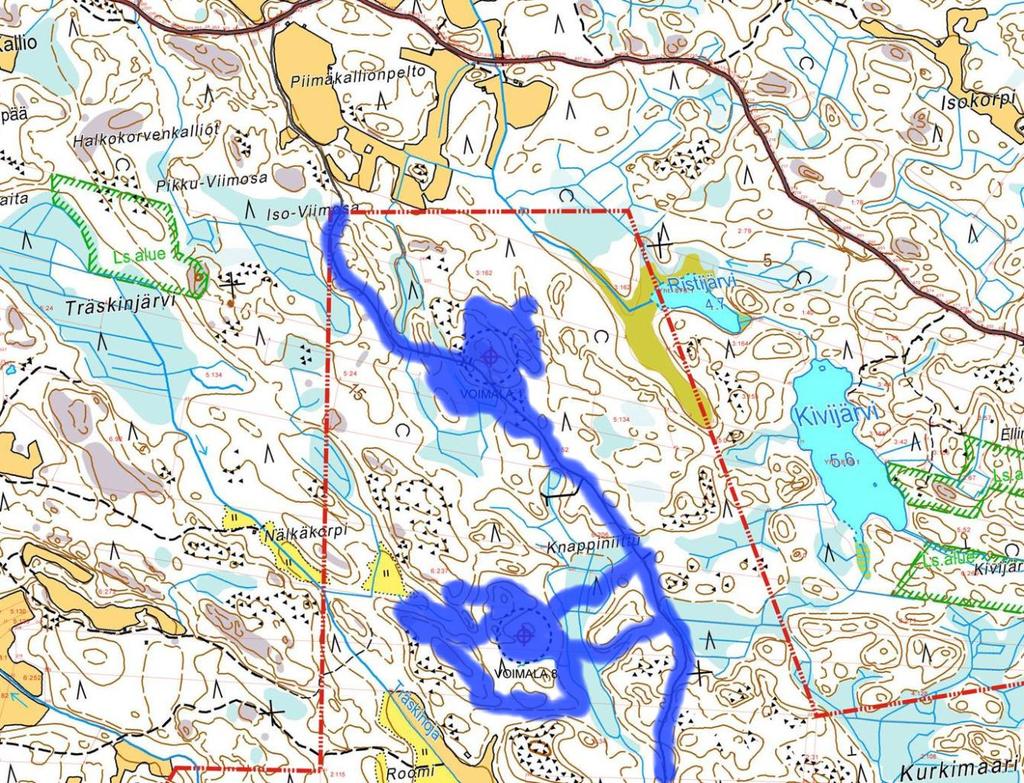 5 Liite. Tarkastetut alueet Suunnitellut tuulivoimalapaikat tutkittiin ja arvioitiin eri menetelmin. Tarkemmin maastossa tarkastettiin kartalla sinisellä korostuksella esitetyt alueet.