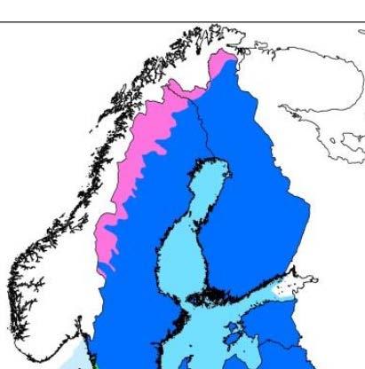 Kuva 5: Alpiininen ja boreaalinen eliömaantieteellinen vyöhykkeiden rajaus EU:n luontodirektiivin raportoinnin suotuisan suojelutason arvioinnissa. Lähde: http://bd.eionet.europa.