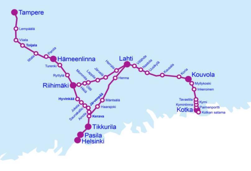 2(6) Järvenpää ja Hyvinkää Lahti Riihimäki Lahti Lahti Kouvola Kotka Kouvola Liikennöitävä alue sisältää yhteensä 425 ratakilometriä ja 42 liikennöitävää asemaa.