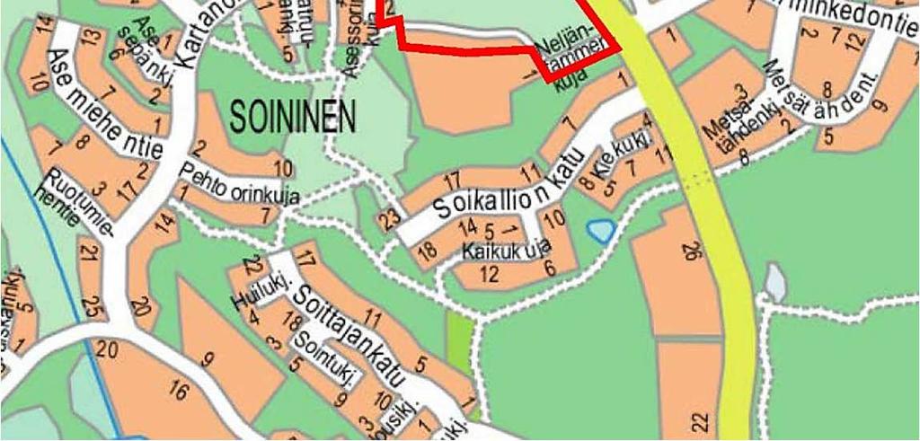 länsipuoleltaan Kartanonkaaren varrella oleviin asuinkortteleihin 19 ja 21 sekä Asessorinkujaan. Alueen läpi kulkeva kartanontie jää asemakaavamuutosalueen ulkopuolelle. Ote peruskartasta.