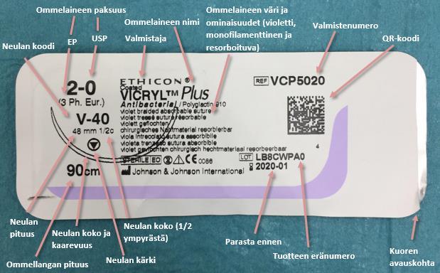 9 Ommelaineet on pakattu yksittäin kuoreen, joka sisältää steriilin lanka-neulayhdistelmän.