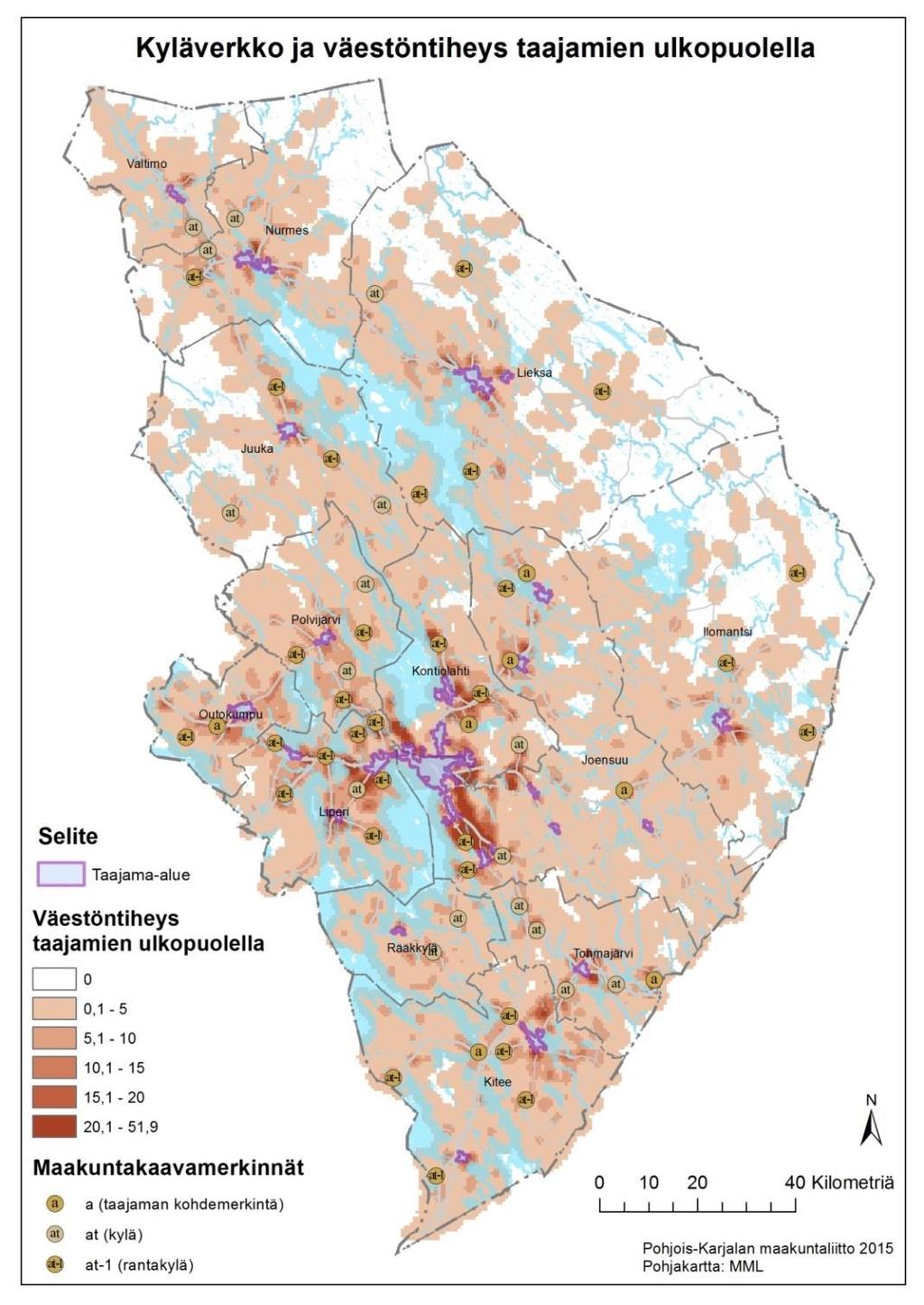 Kuva 7. Maakuntakaavan kyläverkko, taajamien kohteet sekä väestöntiheys.