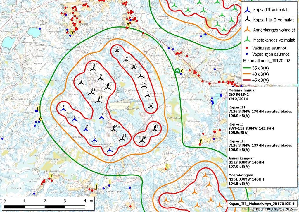 Page 12 of 28 Kuva 4. Kopsa I, Kopsa II, Kopsa III, Annankankaan ja Mastokankaan tuulivoimapuistojen melumallinnus. Kuvaan on merkitty kirjaimin kymmenen havainnointipistettä.