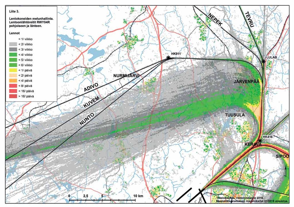 LIITE 3: LENTOKONEIDEN MELUNHALLINTA Lentoonlähtöreitit, 04R pohjoiseen ja länteen NEPEK, TEVRU: Näitä reittejä käyttävät pohjoiseen suuntautuvat lennot.