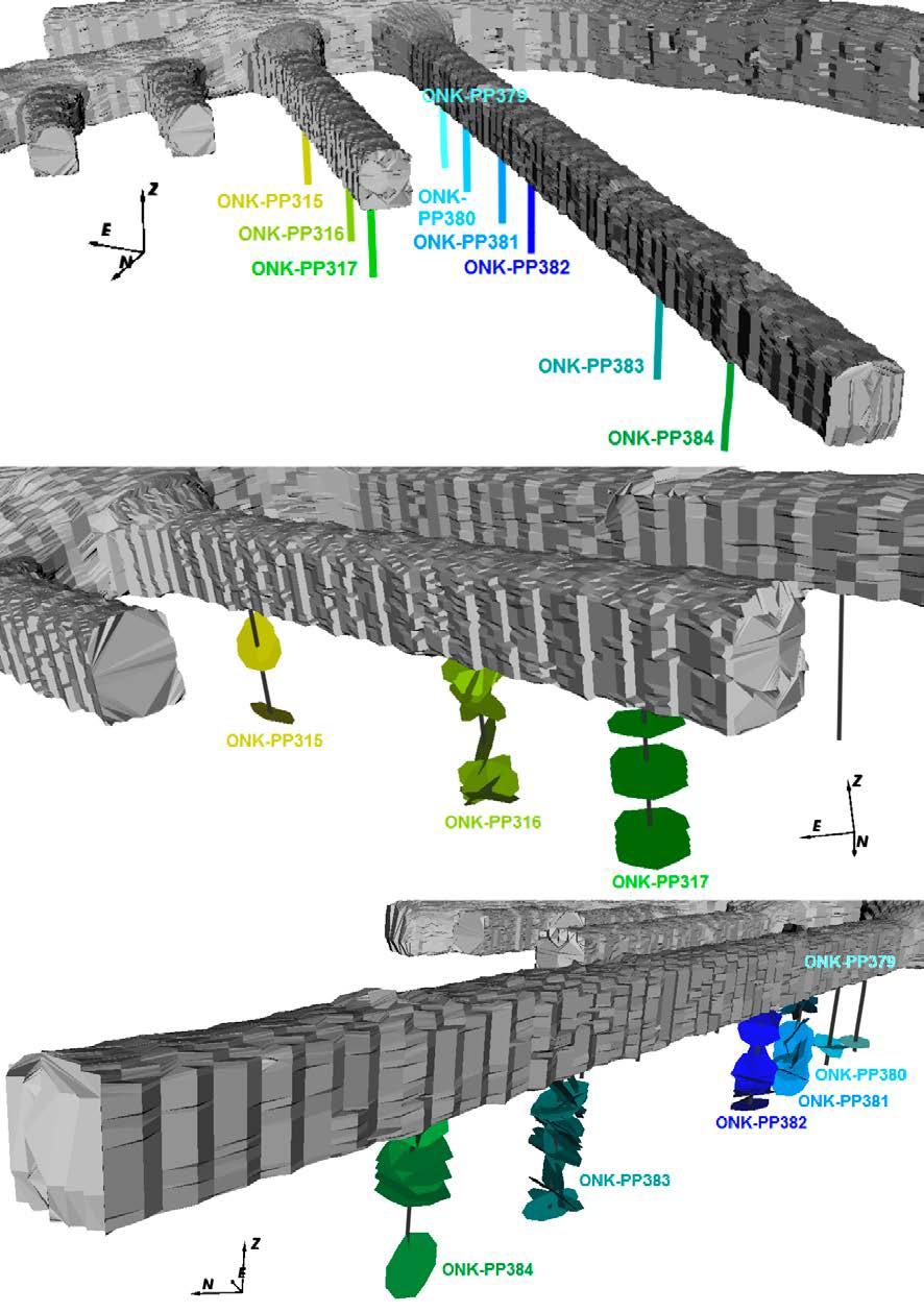 Figure 3 5. Top: ONK-PP pilot holes as drilled from the floor of the Demonstration Tunnels.