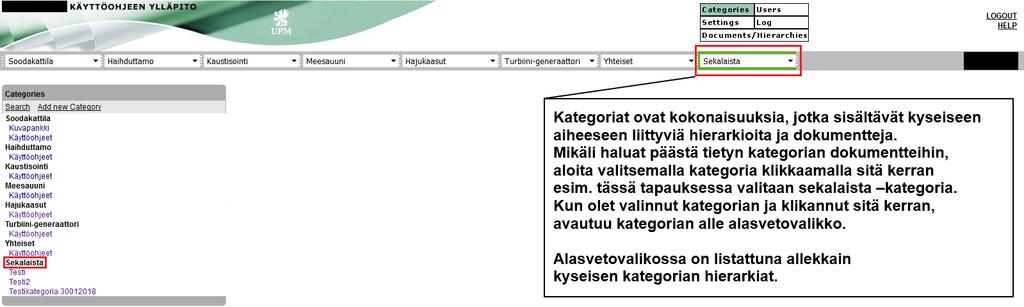 LIITE 4/6 JOHDANTO Kategoriat Valikko koostuu eri kategorioista, jotka ovat alapuolella olevassa kuvassa nähtävissä.