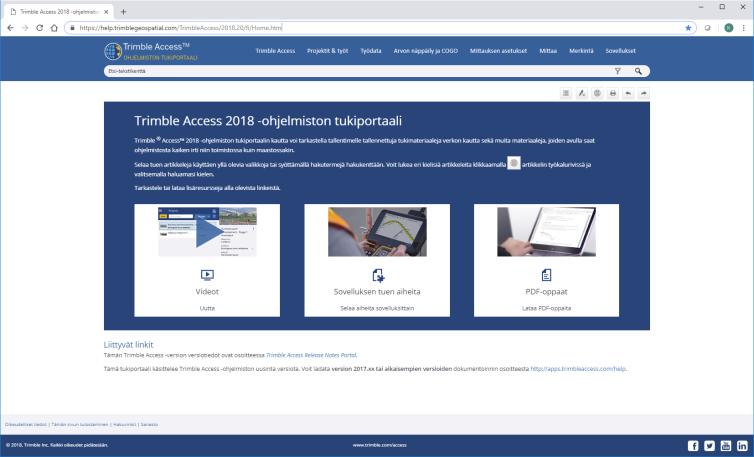 Käyttäjän ohjeita https://help.trimblegeospatial.com/trimbleaccess/2018.20/fi/home.