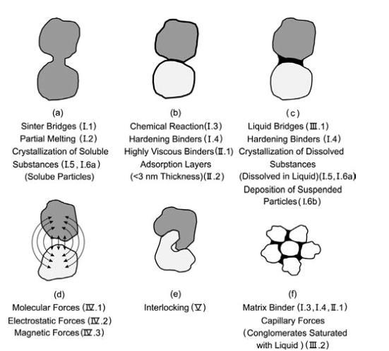 27 There are 5 major binding mechanisms groups for agglomeration which can be seen in Figure 9 below (Pietsch, 2005, 2002): 1. Solid bridges 2. Adhesion and cohesion forces 3.