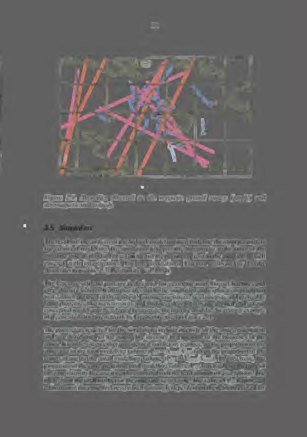 15 Figure 2-. Anomalies observed in the magnetic ground survey (purple) and aeromagnetic studies (red). 2.5 Simulation The results of the analysis of the bedrock model are used to define the input parameters for statistical modelling.