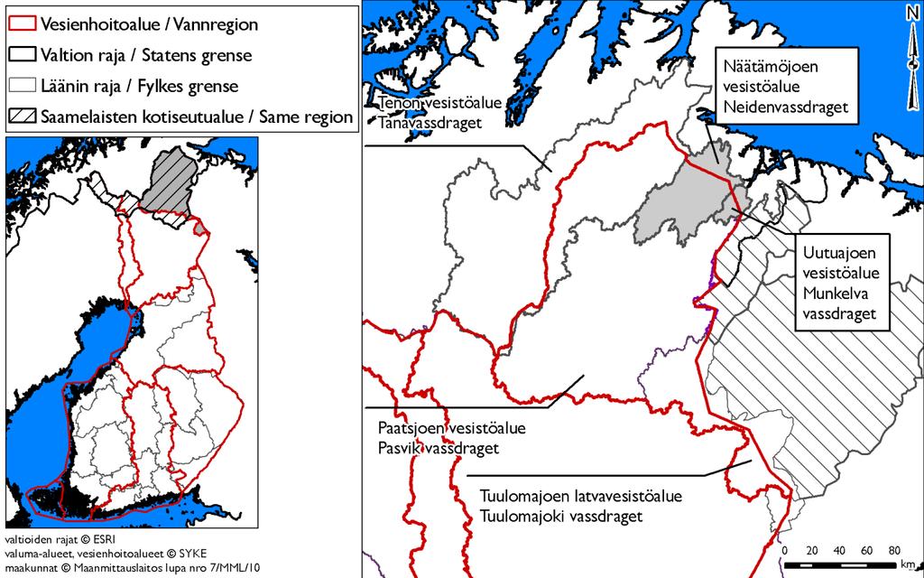 2 Vesistöalueiden kuvaus Tenon-Näätämöjoen-Paatsjoen vesienhoitoalueeseen kuuluvat Näätämöjoen ja Uutuanjoen vesistöalueet (kuva 2) sijaitsevat karussa tunturierämaassa, jossa asutusta ja muuta