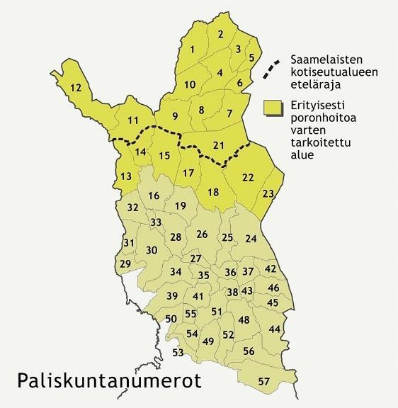 Kuva 9. Suomen paliskunnat, poronhoitoalue ja saamelaisten kotiseutualueen raja. Lähde: www.paliskunnat.fi Vesistöalueen Suomen puoli on lähes kokonaan metsää, avointa kangasta ja kalliomaata (taulukko 8).