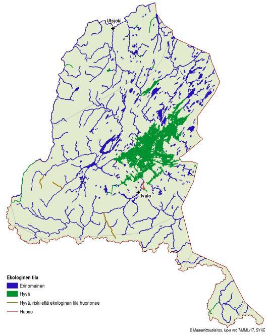 Kuva 11. Tenon-Näätämöjoen-Paatsjoen vesienhoitoalueen vesien tila vuonna 2013. (Räinä ym. 2017) Tuulomajoen vesistöalue on osa Tenon-Näätämöjoen-Paatsjoen vesienhoitoaluetta.