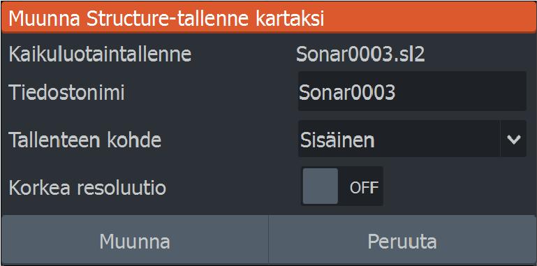 Ú Huomautus: Jos olet valinnut luotainlokin tallennusikkunassa Luo StructureMap -vaihtoehdon, Convert structure log to map (Muunna Structure-tallenne kartaksi) -valintaikkuna tulee näkyviin, kun