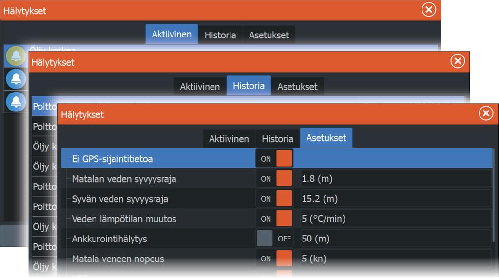 Hälytykset säilyvät aktiivisessa tilassa kunnes olet kuitannut hälytyksen tai poistanut hälytyksen syyn.