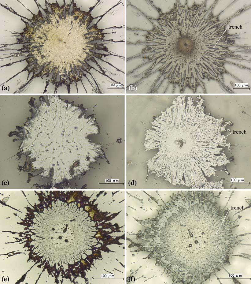 Fig. 1 Splat morphology of Ni, Al, and Mo on glass, top face