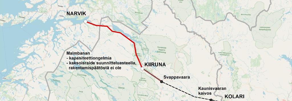 Raportti 16/68 Kuva 5. Kolarista Kiirunan kautta Narvikiin kulkeva ratalinjaus. Kaunisvaarasta on suunniteltu myös rataa joko vain Äkäsjoelle tai Svappavaaraan.