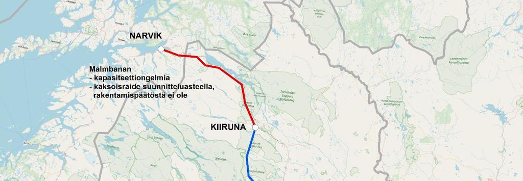 Raportti 18/68 Kuva 6. Torniosta Haaparannan ja Kiirunan kautta Narvikiin kulkeva ratalinjaus.