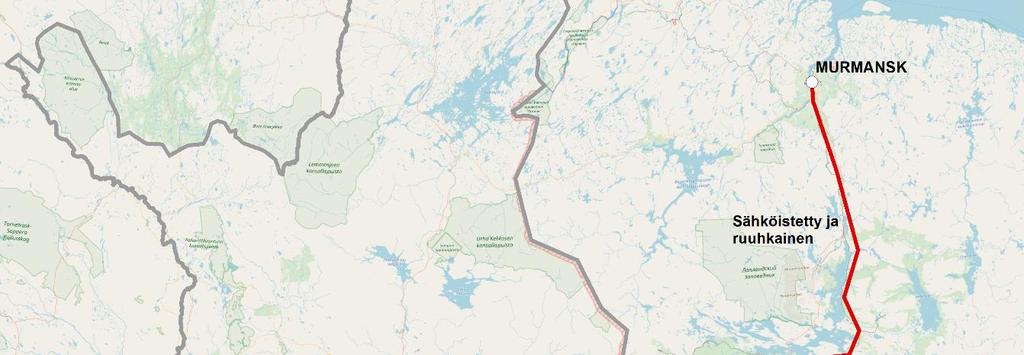 Raportti 20/68 Kuva 7. Rovaniemeltä Kemijärven, Alakurtin ja Kantalahden kautta Murmanskiin kulkeva ratalinjaus. Rataosuus Rovaniemi Kemijärvi on perusparannettu 2000-luvun alussa.