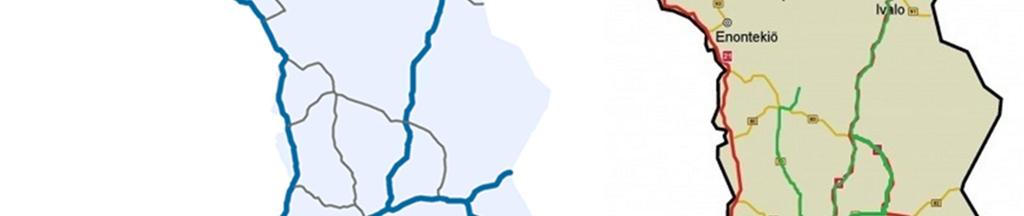 Pohjois-Suomessa raskaan liikenteen runkoyhteys yltää ainoastaan Tornioon, joten raskaan liikenteen kuljetukset ovat jakaantuneet alemmalle tieverkolle kuvan 14 vasemmanpuoleisen kartan mukaisesti.