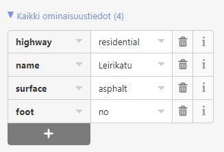 5. Valitse väylää vastaava tyyppi vasemman sivun valikosta. Voit myös käyttää OSMwikisivustoa apuna (hae esimerkiksi googlella osm highway ): 6. Saatat myös haluta lisätä väylälle tageja, esim.