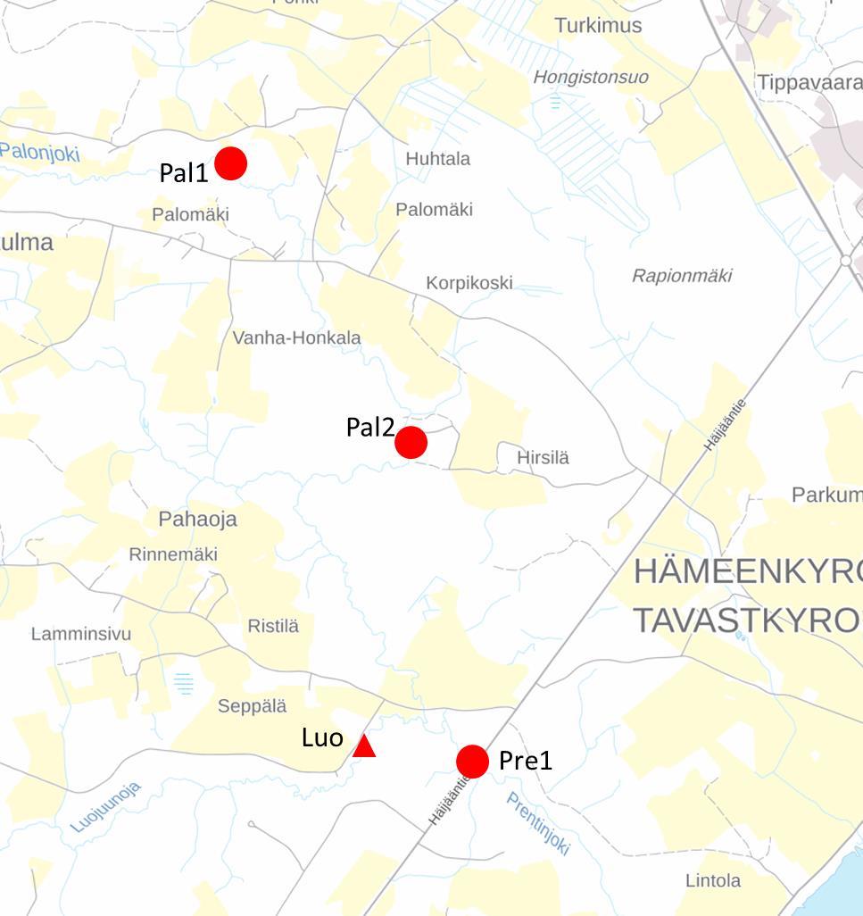 Kuva 10. Palonjoen (Pal 1 2) ja Prentinjoen (Pre 1) tutkimuskohteet. Luojuunojalla (Luo) jokea käytiin tarkastamassa ainoastaan rannalta käsin.