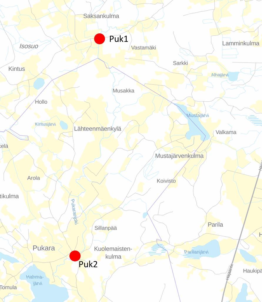 Kuva 11. Pukaranjoen tutkimusalat. Aurejoki Aurejoki sijaitsee Parkanon kunnan alueella. Jokea tutkittiin 7.9.2018 kohdassa, missä joki sivuaa Kurun kunnan rajaa (kuva 12).