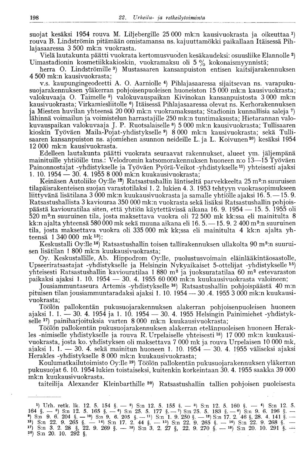 198 22. Urheilu- ja retkeilytoiminta 198 suojat kesäksi 1954 rouva M. Liljebergille 25 000 mk:n kausi vuokrasta ja oikeuttaa 1 ) rouva B. Lindströmin pitämään omistamansa ns.