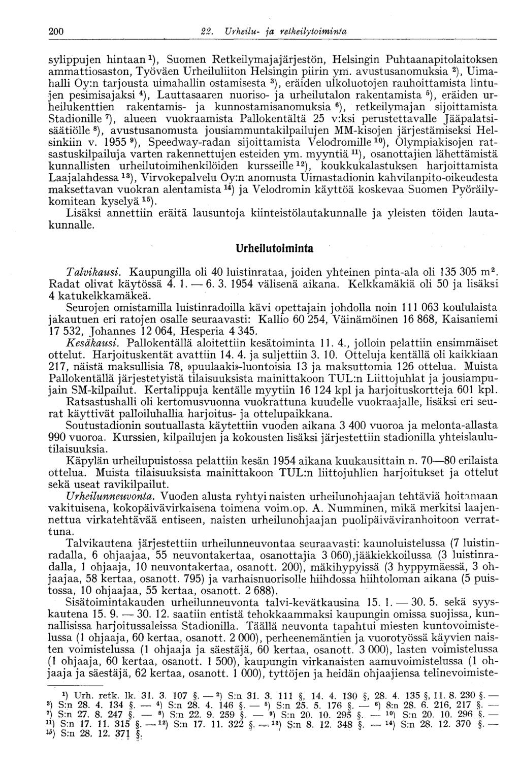 200 22. Urheilu- ja retkeilytoiminta 200 sylippujen hintaan 1 ), Suomen Retkeilymajajärjestön, Helsingin Puhtaanapitolaitoksen ammattiosaston, Työväen Urheiluliiton Helsingin piirin ym.