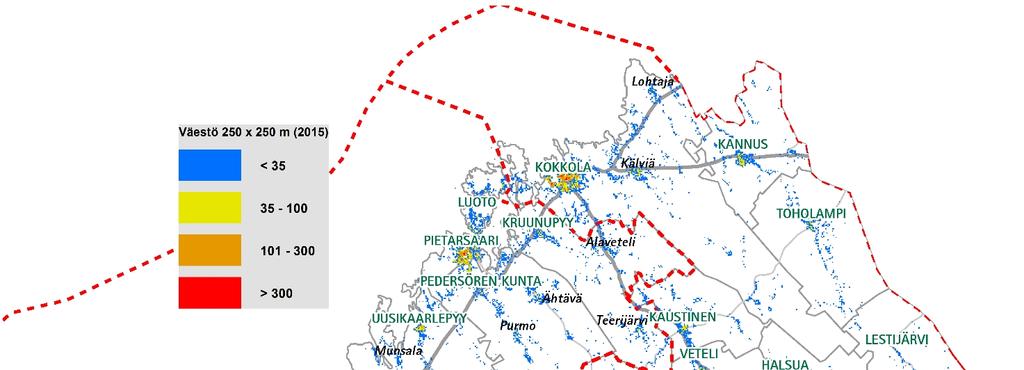2.1. Väestö Väestön sijoittuminen ja tiheys suunnittelualueella (YKR-aineisto 2015 SYKE/TK) Vuonna 2016