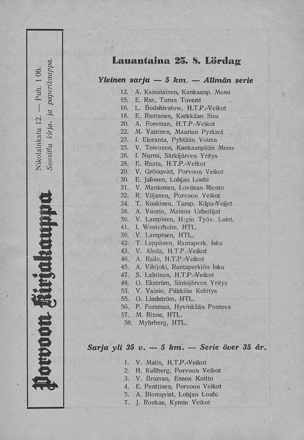 5 5 Serie Allmän Puh. 06. 1 12. Nikolainkatu Ao<iArt»hffc aj* JSla«l JJAMåtAAåé paperikauppa. 12. ja kirja- Suosittu JUtsWtati jjpcl JJÖtttUOlt Lauantaina 25. 8. Lördag Yleinen sarja Sarja yli 35 v.