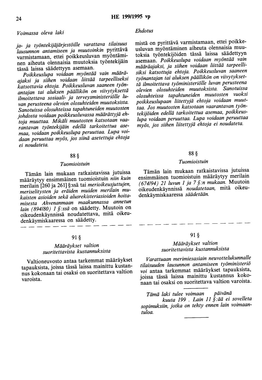 24 HE 99/995 vp Voimassa oleva laki ja- ja työntekijäjärjestöille varattava tilaisuus lausunnon antamiseen ja muutoinkin pyrittävä varmistamaan, ettei poikkeusluvan myöntäminen aiheuta olennaisia