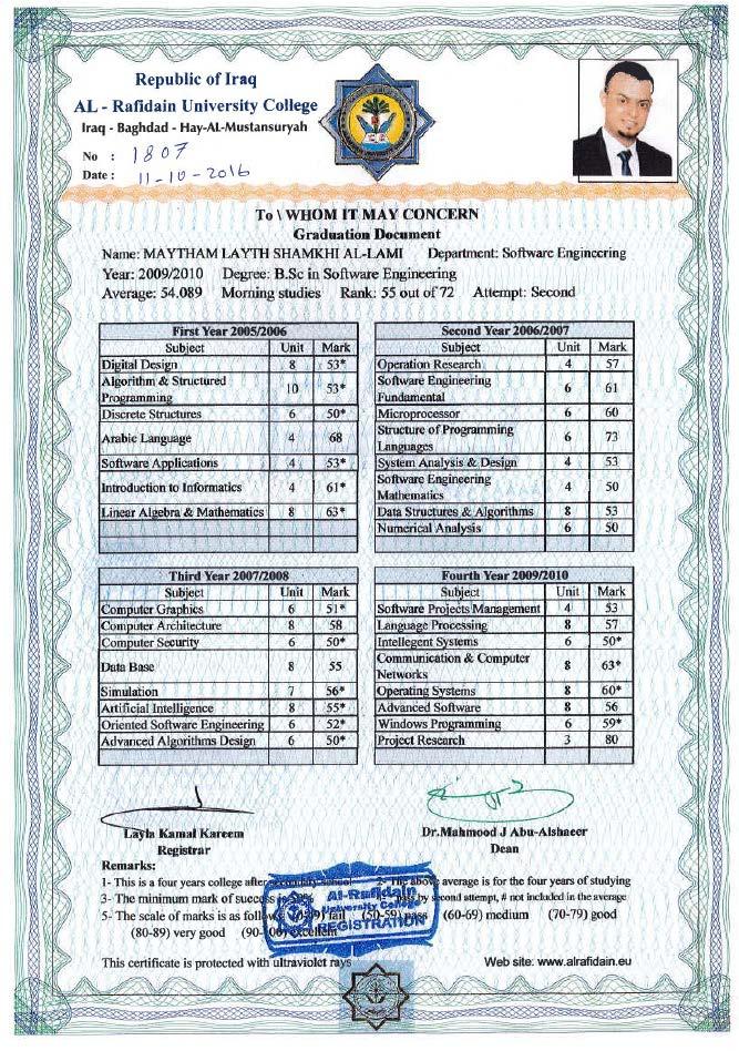 1) IRAK Technical Bachelor: Tutkintotodistuksen liite