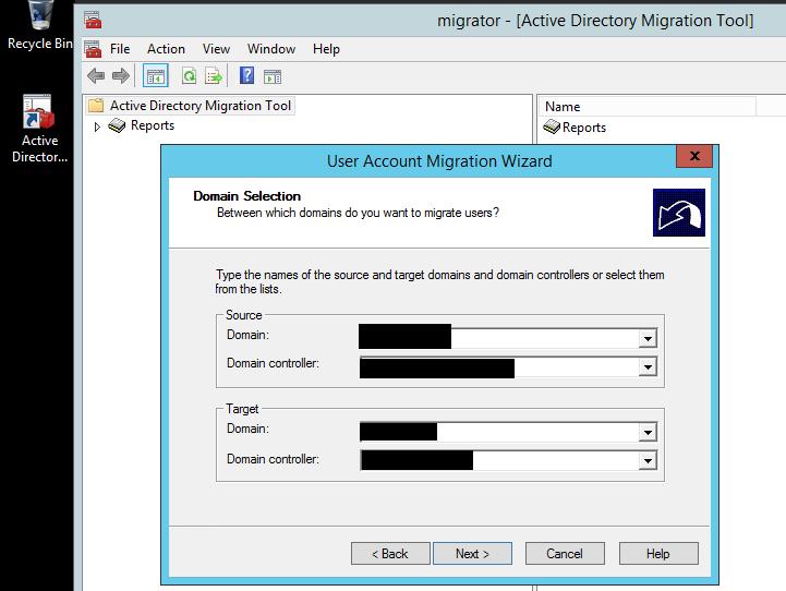 40 Kuva 2. ADMT-työkalun ohjattutoiminto, jossa valitaan toimialueet Toimialuevalintojen jälkeen ohjattutoiminto antaa käyttäjälle kaksi eri vaihtoehtoa käyttäjä-objektin migroimiselle.