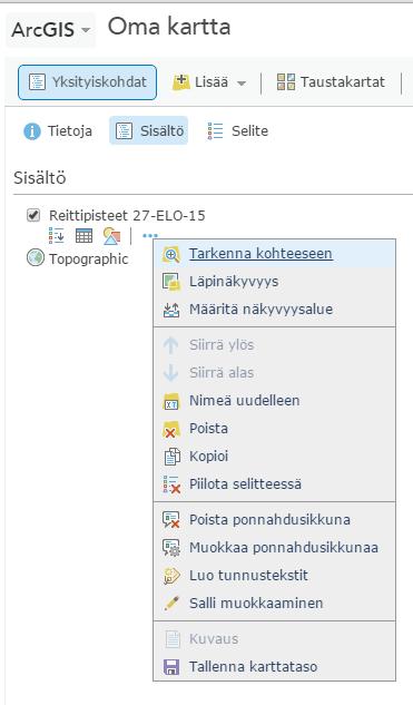 6. Tutustu nyt kartan käyttöliittymään ja tutki miten vielä voit muokata karttaasi. Yksityiskohdat tarkoittaa vasemmalla olevaa palkkia, johon voit valita näkyviin esim.