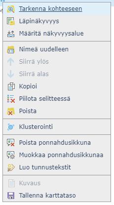 Näet karttatasot tässä listassa, kun Sisältö on valittuna Painamalla karttatasosi nimen perässä olevia kolmea pistettä, avautuu tärkeä valikko.